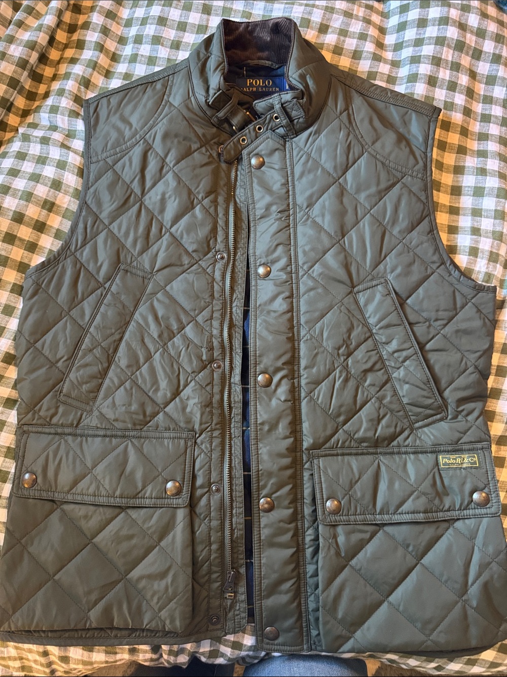 Polo by Ralph Lauren Quilted Olive Vest with Snap & Zip Front